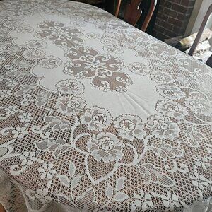 Vintage Cream Floral Lace Tablecloth Rectangle 60 X 96 Cottagecore Open Work